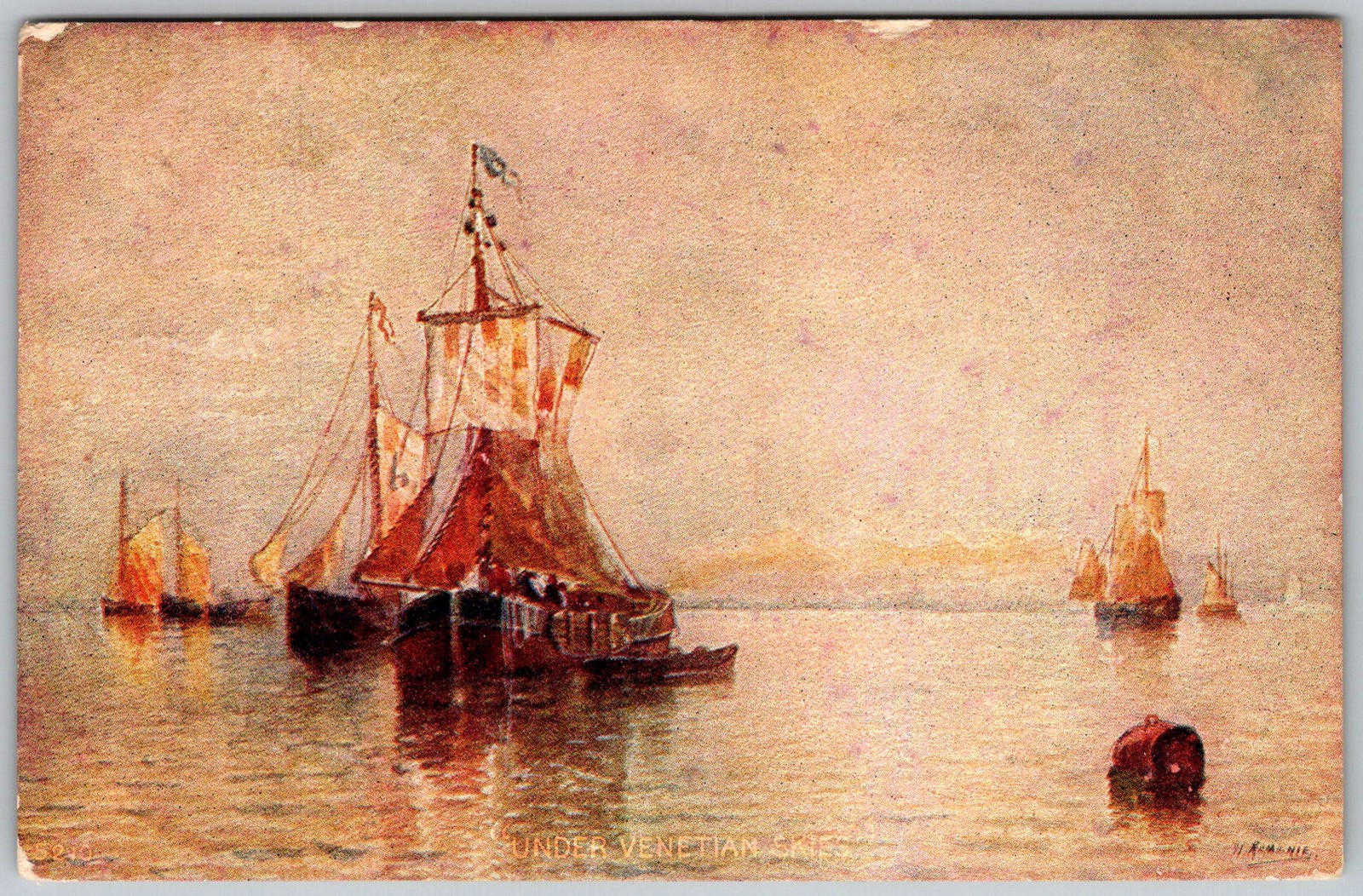 Antique Postcard Venetian Sailboats Watercolor Venice, It 1900s