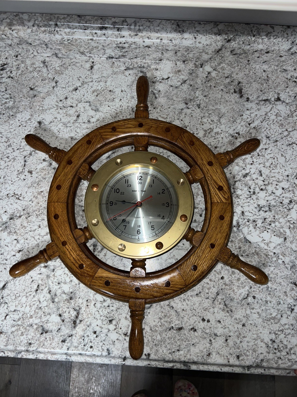 Nautical Ship Wheel Wall Clock Wood Brass Frame Quartz Working 21” Porthole