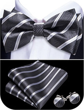 Paisley Striped Bow Tie for Men Silk Pre-Tied Bowtie Pocket Square Cufflinks Set