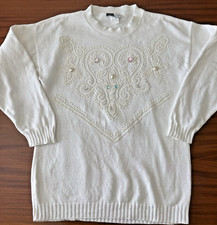 Vintage 80s Beldoch Popper Sweater Women's Large White Bead Embellished USA Made