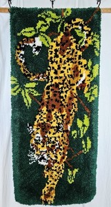 Large Leopard Jaguar Hand Hooked Wall Hanging Art Rug 25x57 Retro Wall Decor 70s