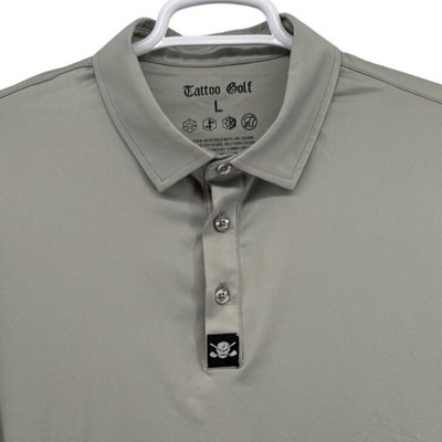 Tattoo Golf Mens Gray Performance Polo Shirt Skull Logo Stretch Sz L UPF 50