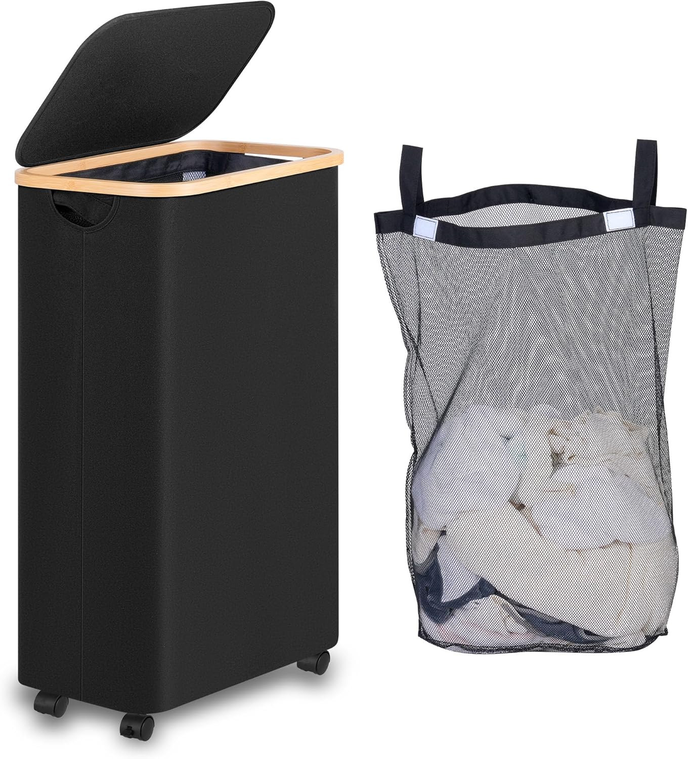 Cesto Portabiancheria Design 75L in Bambù e Tessuto con Ruote