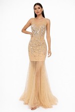 Jovani Champagne Rhinestone Mermaid Gown Formal Prom Pageant Evening Dress Nude 