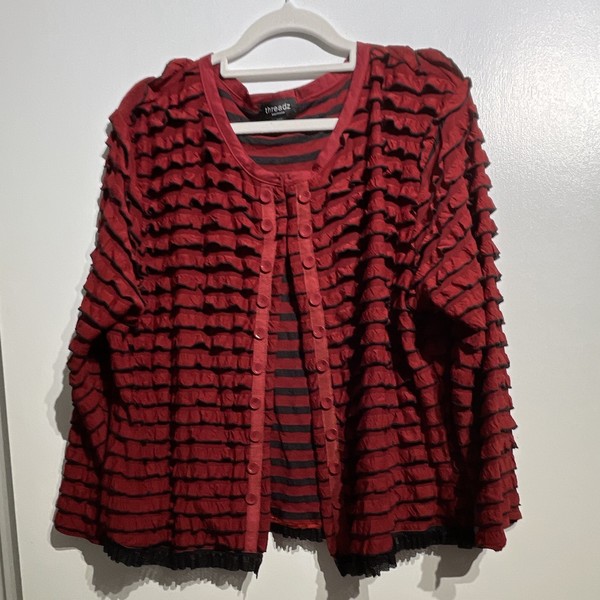 Threadz Red Black Stripe Knit Round Neck Button Front Cardigan Jumper XXL