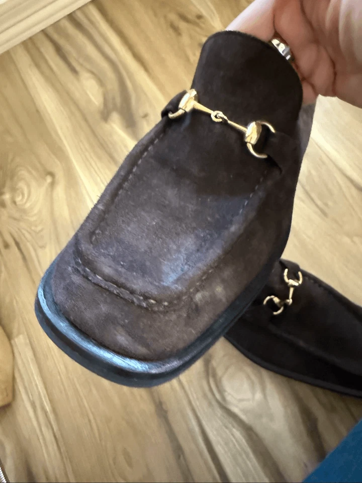 Gucci Mens Dark Brown Chocolate Suede Gold Horse-bit Buckle Loafers Size 10 - Image 3 of 4