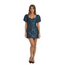 Lulus Dress Women's Size Medium Teal Black Jacquard Floral Puff Sleeve Mini