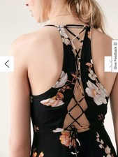 Black w/Orange/Cream/Lavender Floral Spaghetti-Strap Mock Wrap Mini Dress-Size S