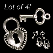 New Silver HEART LOCK SKELETON KEY Charms - choose LOT OF 4, 6, or 10