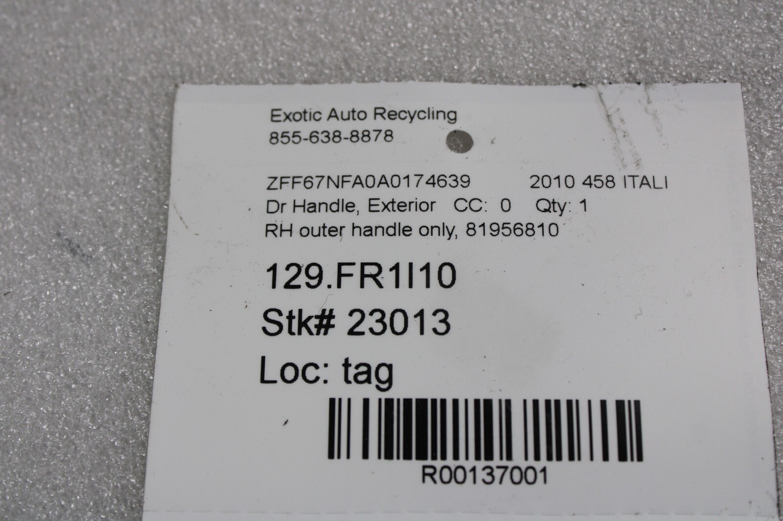 Ferrari 458 Italia, RH, Right, Exterior Door Handle, Used, P/N 81956810