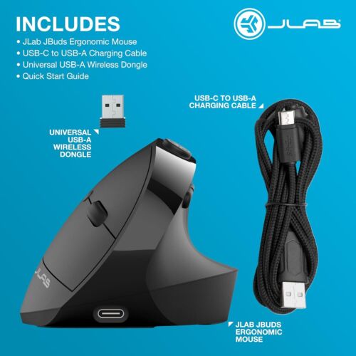JLab JBuds 2.4G Wireless, Bluetooth Vertical Ergonomic Optical Mouse, Black - Picture 7 of 7