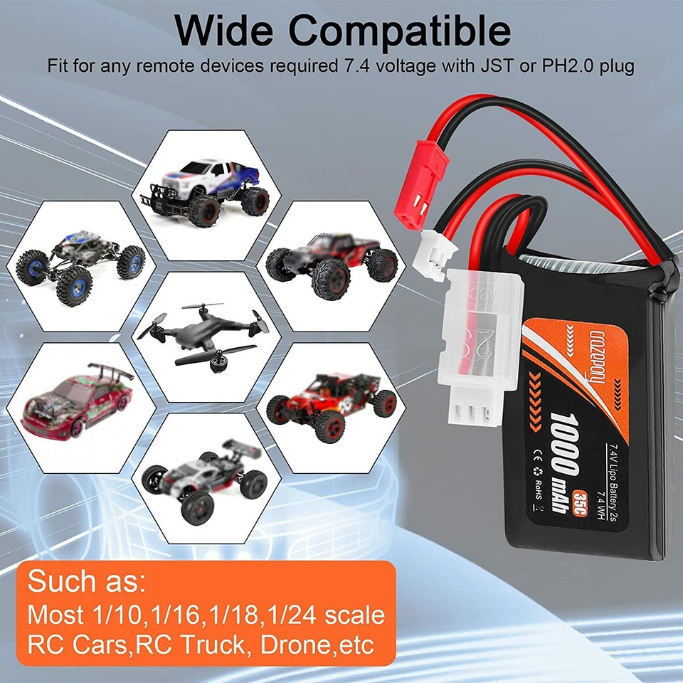 LiPo Battery 7.4V 1000mAh 2S With PH2.0 & JST Plug For WLToys, Axial SCX24 RC Cars 24 V LiPo Battery - Foto 8