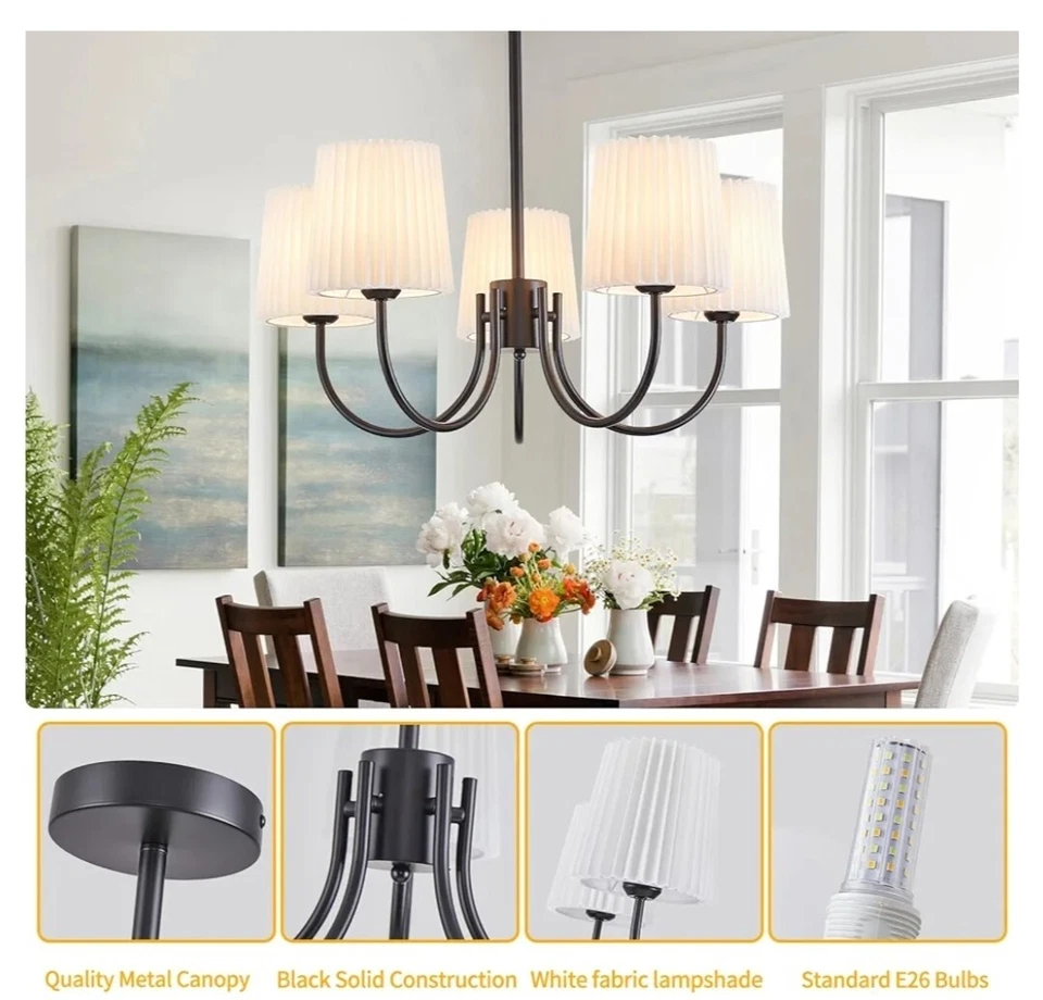 Lámpara de araña moderna para sala de estar, colgante negro de 5 luces de tela blanca... Foto 2 de 4