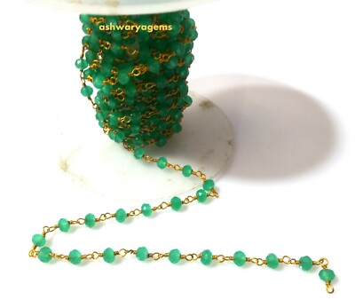 Green Onyx Rondelle Faceted 4-4.5mm Beaded Gold Plated Wire 10 Feet.Rosary Chain