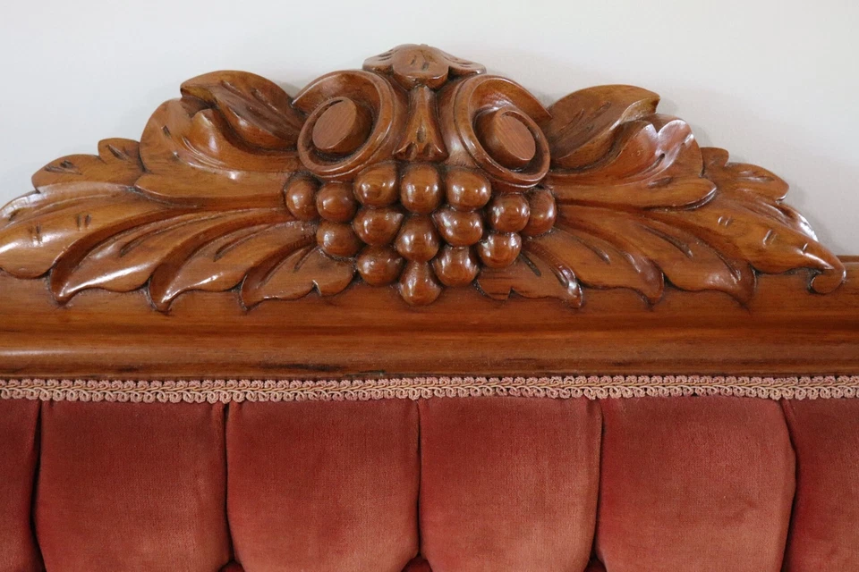 Antique Victorian Carved Grapes Walnut Tufted Parlor Sofa + Three Parlor Chairs - Image 3 of 4