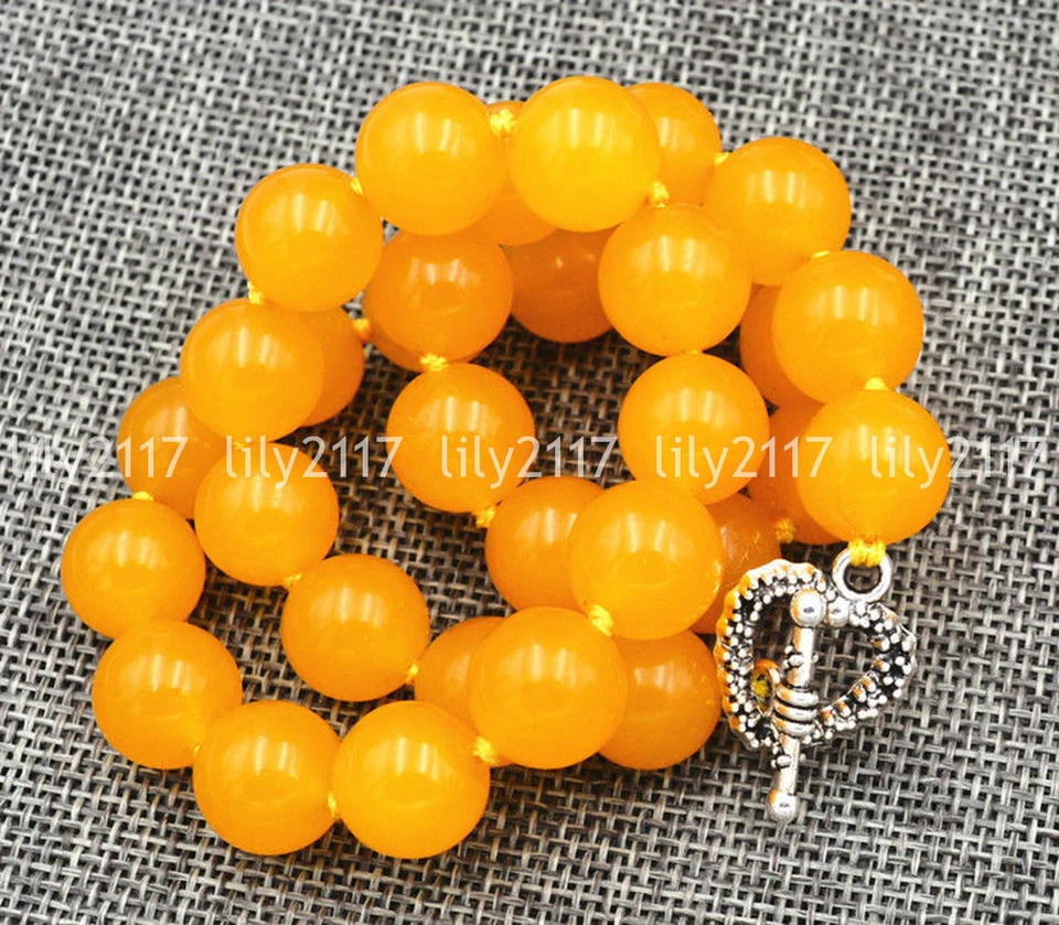 Collar de cuentas de piedras preciosas de jade amarillo natural de 12 mm broche de amor de plata tibetana de 18"" Foto 3 de 4