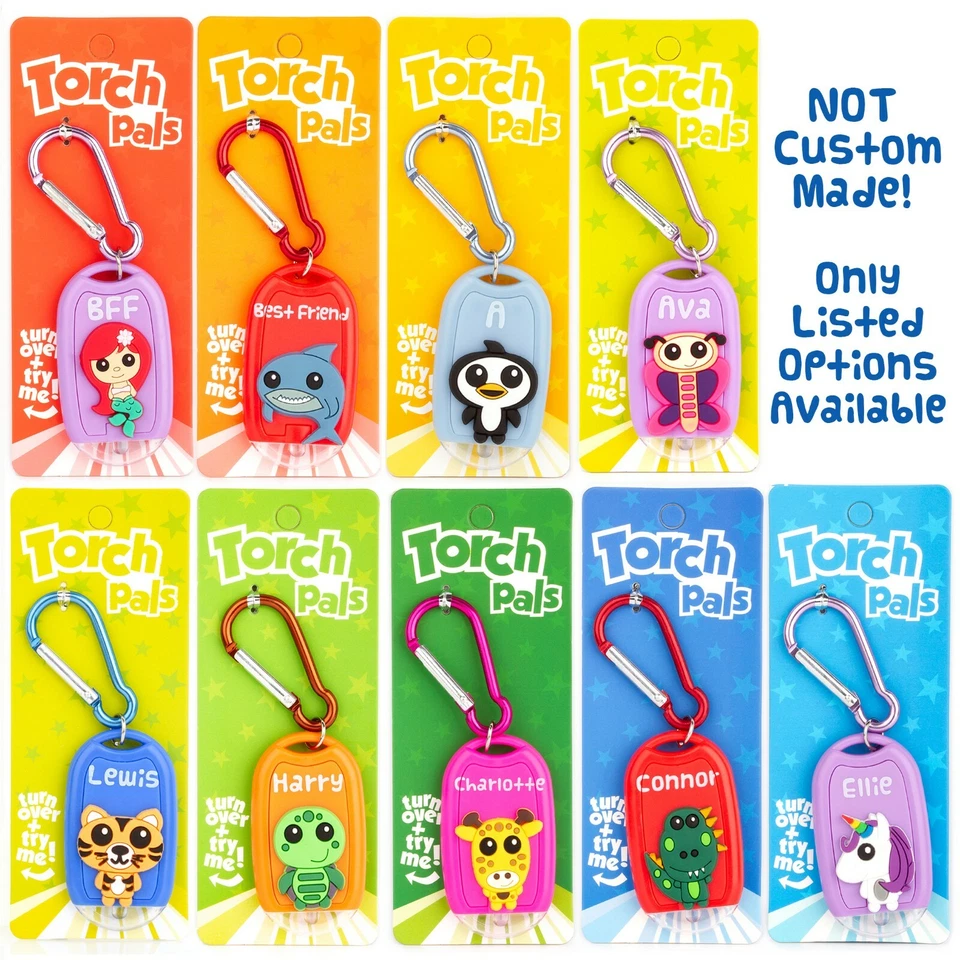 Kids Personalised Torch Keyring Novelty Mini LED Toy Light Carabiner Name Animal - Image 2 of 4