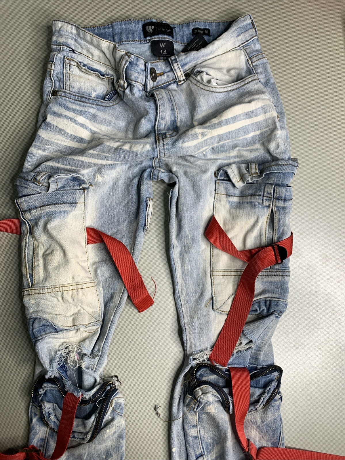 WaiMea Skinny Jeans Youth Size 14 Strap  (Acid Wash) Blue Cargo Pockets 🔥🔥-image