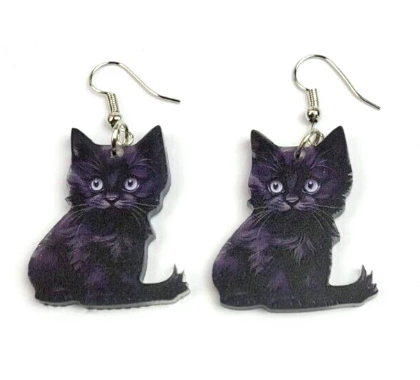 Boucles D'oreilles Pendantes Maneki Neko (chat Porte-bonheur) En Porcelaine Noire – Fabriqué En France