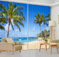 Tropical Resort Beach Palm Printing Window 3D Curtain Blockout Drapes Fabric