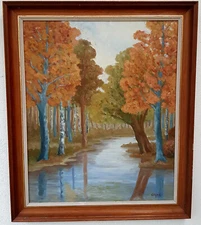 No: 1128 Antique Oil Painting Artwork with Frame Landscape Forest Lake Autumn