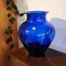 Vtg Hand Blown Blenko Cobalt Sapphire Glass Vase 8420S 11.5"T Label 1980's