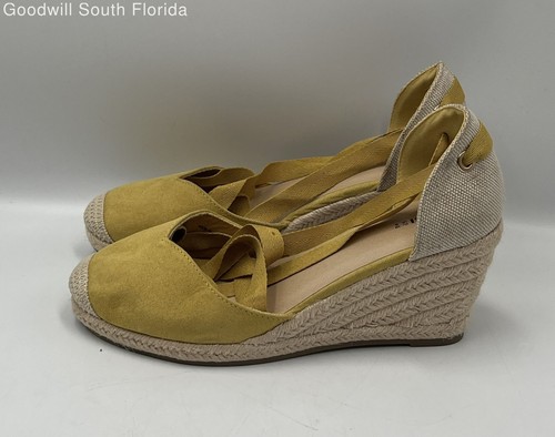 Kiabi Damen Senf Keilabsatz Knöchel Spitze Espadrille Sandalen Gr. 39