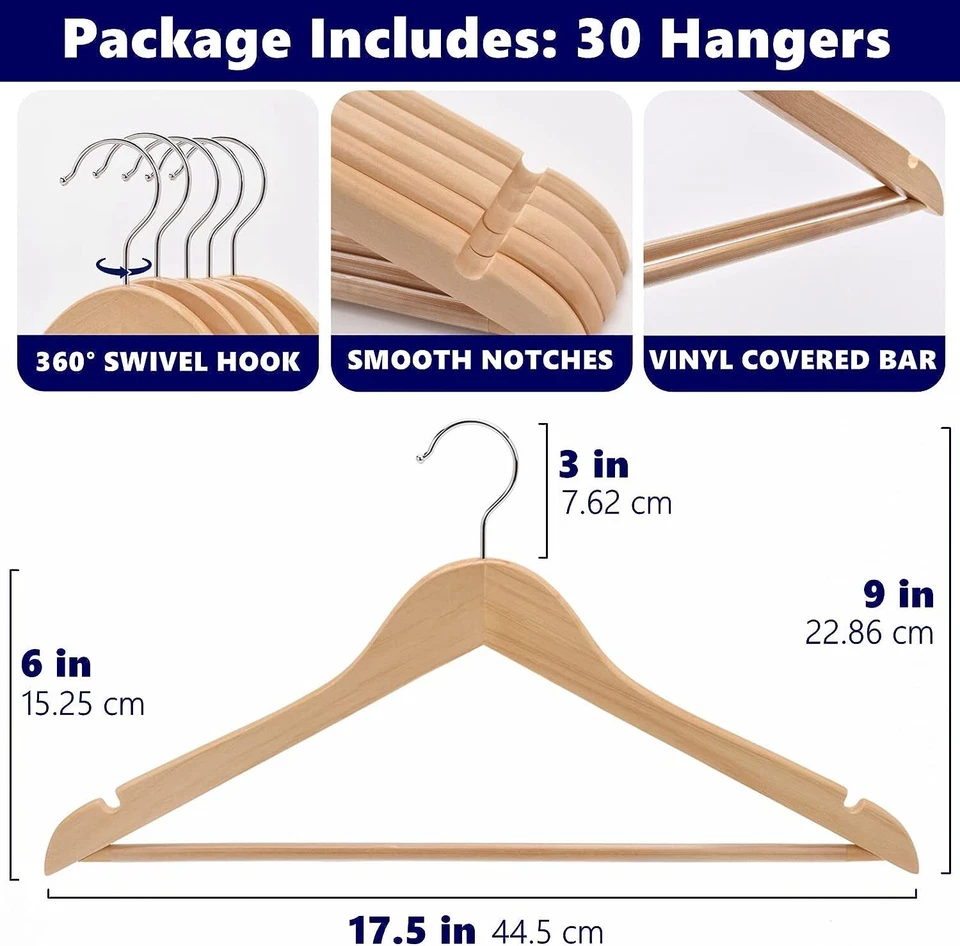 Wooden Hangers Pack of 10 20 & 50 & 100 Suit Hangers Premium Natural Finish Home - Image 3 of 4