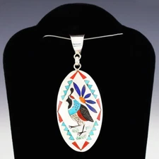 NATIVE AMERICAN ZUNI STERLING SILVER & INLAY QUAIL PENDANT BY QUINTIN QUAM
