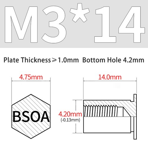 BSOA-M3 Aluminium Nietmutter Säulenmuttern Sacklochnieten Sechskantkopf Rivnut - Picture 18 of 29