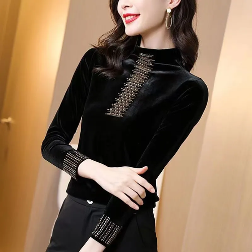 Camicia donna velluto basic finto collo manica lunga fondo slim pullover top chic - Foto 9 di 16