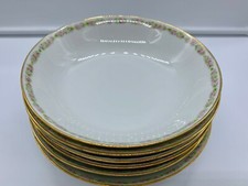 ANTIQUE LIMOGES FRANCE SOUP PLATE/BOWL SET 6 GOLD RIM PINK ROSE FLOWER GARLAND