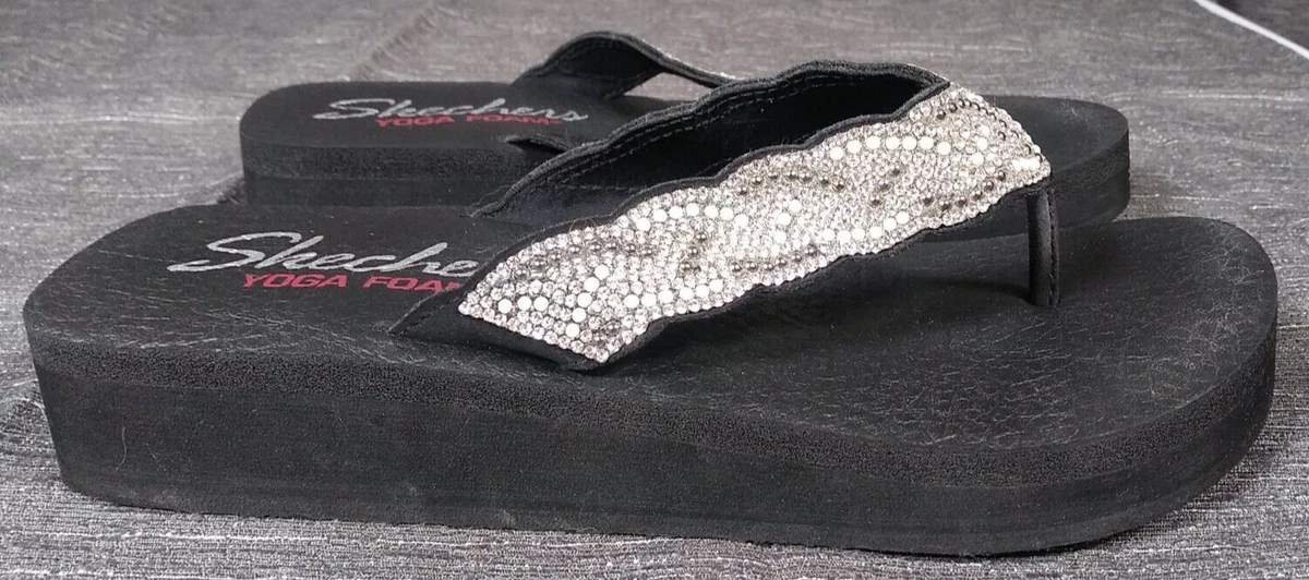 Skechers Womens 9 Flip Flops Premium Yoga Foam Wedge Thong Toe Rhinestones  Bling