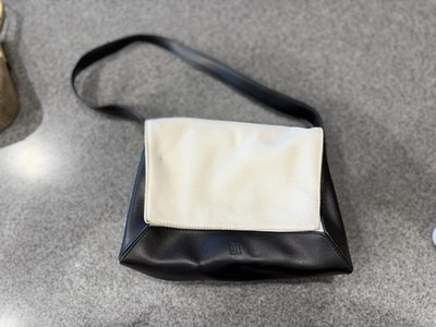 CITY DKNY Black & White Canvas and Faux Leather Crossbody Bag   Minimalist Style