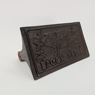 Vintage Farmhouse Cast Iron Bacon Press With Embossed Pig Design Wood Handle