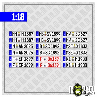 MONKEY SIGNS Nummernschilder 1:18 Modellbau Aufkleber – 9 Paar Kennzeichen Set - 18 Schilder