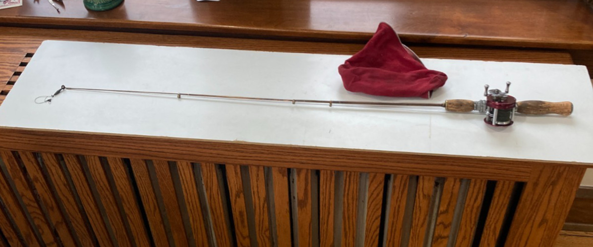 Antique Langley Reel w Copper Telescopic Fishing Rod & Red Bag Exc Condition