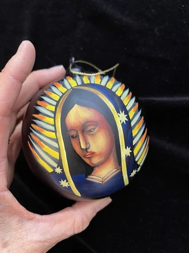 XL 4” Christmas Tree Ornament Our Lady Of Guadalupe Black Blown Glass Handpted