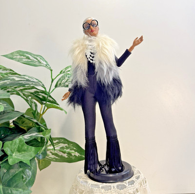 Iris Apfel Barbie Doll #1  Complete With Fur Vest, Jewelry, Eyeglasses, Stand