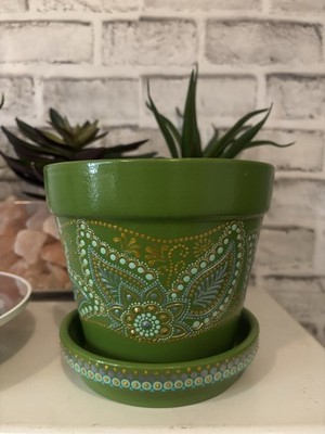 Hand Painted Green Mandala Terracotta Planter with Matching Saucer. Boho Dot Art