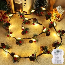 7Ft Prelit Christmas Garland with Lights, Pinecones & Red Berries