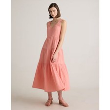 QUINCE 100% Organic Cotton Gauze Tiered Maxi Dress Coral Blush Pink Sz L {MM15}