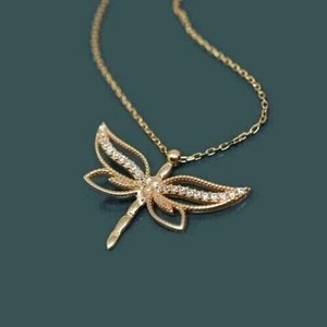 Authentic 2.5Ct Round Simulated Diamond Dragonfly Pendant Necklace 14k Yellow Gold Plated