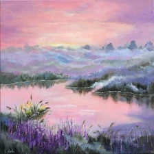 Original acrylic painting pink sunset lake colorful wall art impressionism