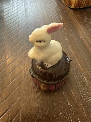Porcelain Hinged  Bunny Trinket Box Hand Painted White Rabbit Easter