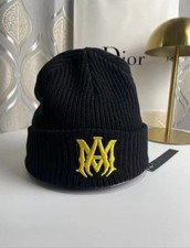 Amiri Black Knit Beanie with Yellow Embroidered Logo Designer Hat for Men