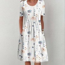 Ladies Summer Short Sleeve Midi Dress Holiday Loose Pocket Pleated Dresses 6-24