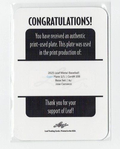 Jose Canseco 1/1 Cyan Print-Used Plate 2025 Leaf Metal Baseball #108 💪💪💪💪💪 - Picture 2 of 2