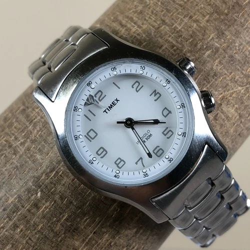 Vintage Timex Women Alarm Indiglo Silver Tone Quartz Analog 27mm Watch 6"