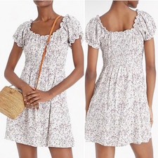 J. Crew Puff Sleeve Peasant Mini Dress 6 white purple floral smocked feminine